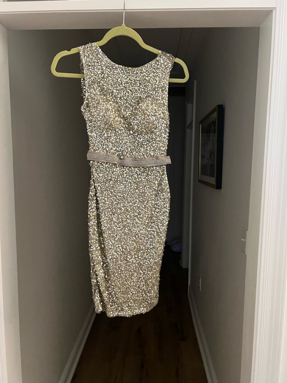 Sherri Hill Gold Sequin Midi Dress with Rhinestone Belt